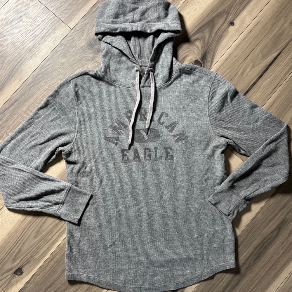 American Eagle Mens XS Gray Waffle Knit Thermal Graphic Hoodie Long Sleeve Shirt